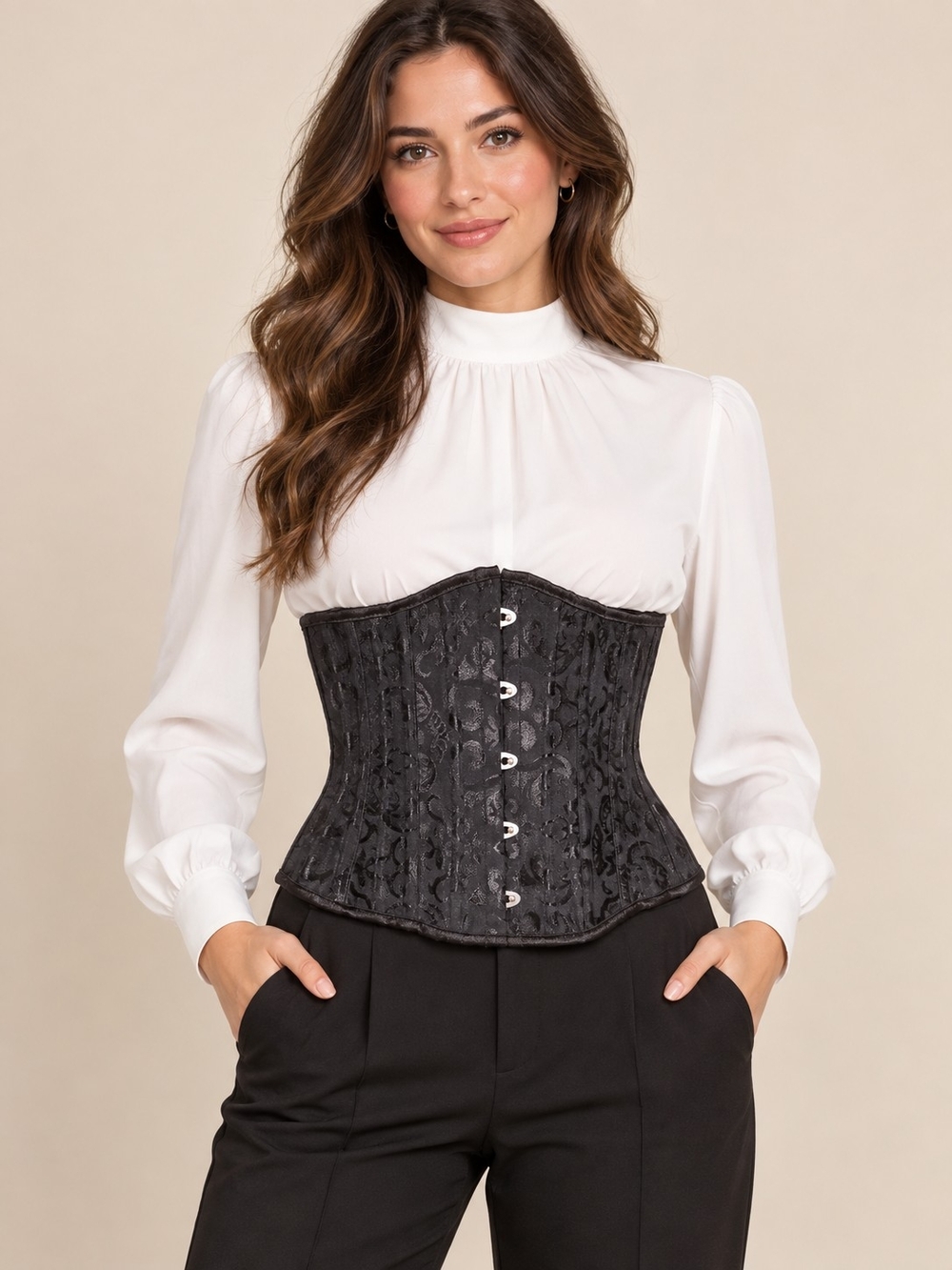 Charmian XS Black Brocade Underbust Corset Waist Cincher Lace Up